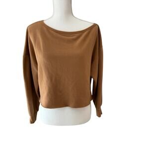 WOMN. Top Womens M Tan Poebe Sweatshirt Cropped Bamboo Blend Boxy Off Shoulder